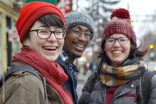 Group of friends smiling at the camera on a city street in winter