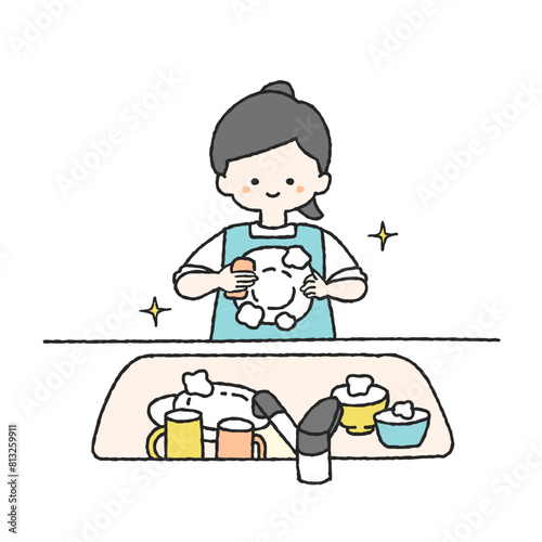 食器洗いをする女性のイラスト
