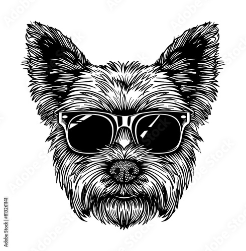 yorkshire terrier dog sunglasses engraving black and white outline