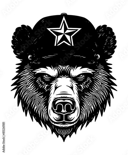 russia bear hat engraving black and white outline