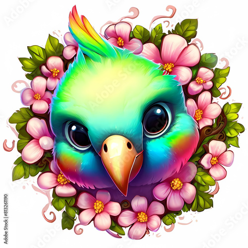 Adorable Bird, Floral circular frame, icon, cartoon