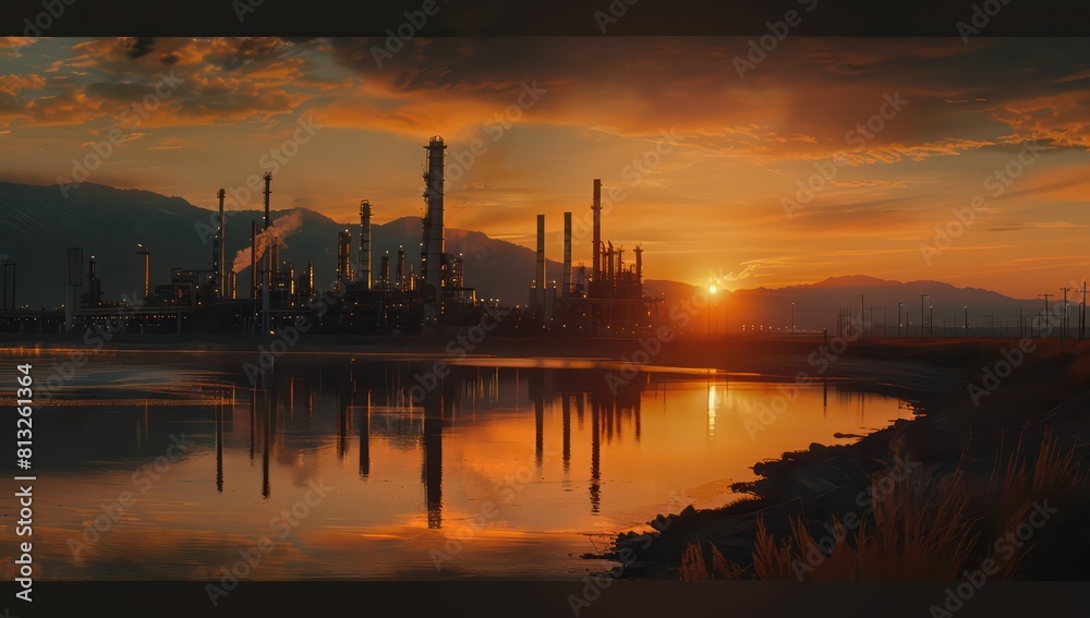 oil and gas plant at sunset with mountains in the background