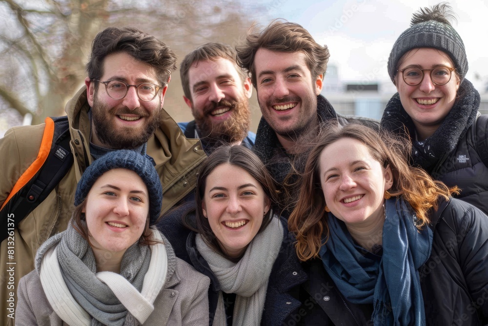 Group of friends standing in a row and smiling at the camera. Group of friends standing in a row and smiling at the camera.
