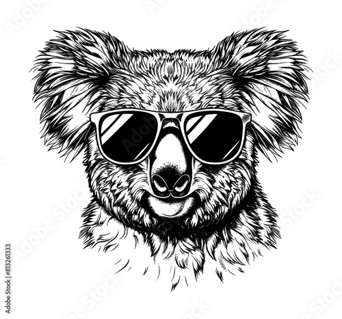 koala sunglasses engraving black and white outline