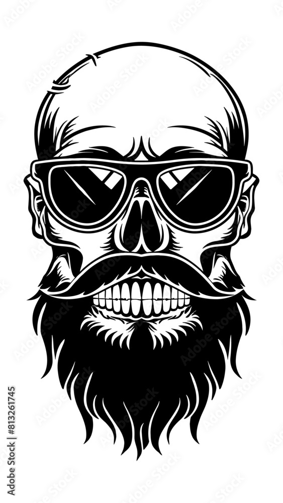 skull beard sunglasses engraving black and white outline
