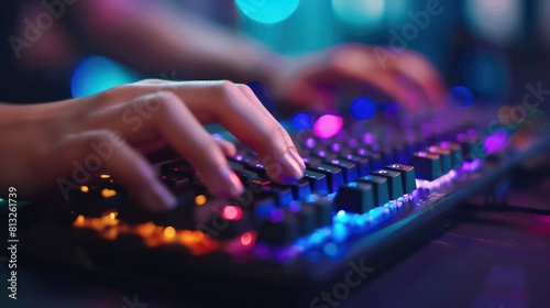 hands typing on gaming keyboard, color lights ambiences photo