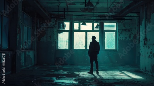 Silhouette of an FBI agent at the crime scene in abandoned warehouse  we see him in a poorly lit room  aesthetic look