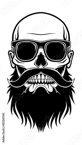 skull beard sunglasses engraving black and white outline