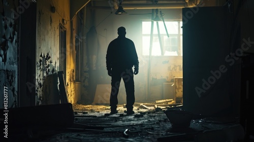 Silhouette of an FBI agent at the crime scene in abandoned warehouse, we see him in a poorly lit room, aesthetic look photo