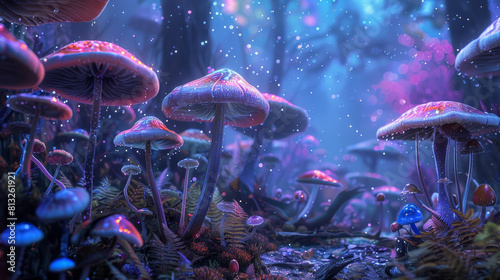 Mushrooms in the forest. 3d illustration. Fantasy.
