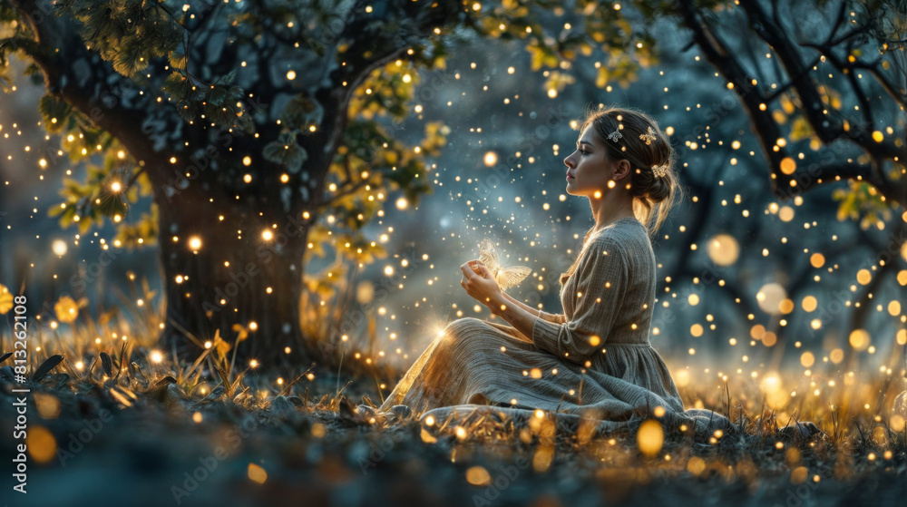 Beautiful young woman in a fairy forest with magic lights and magic wand Beautiful young woman in a fairy forest with magic lights and magic wand