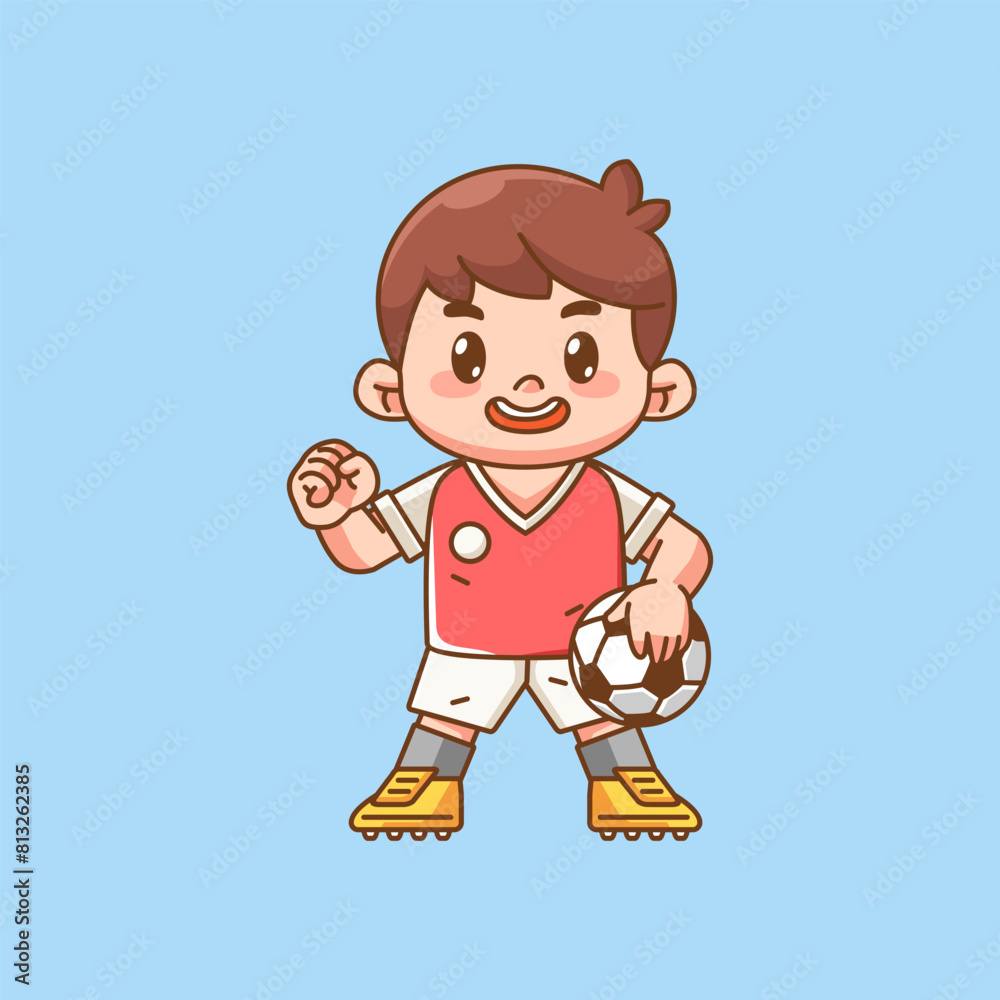 Cute soccer player exited cheer kawaii chibi character mascot illustration outline style design Cute soccer player exited cheer kawaii chibi character mascot illustration outline style design