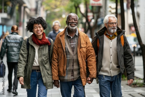 Group of happy senior friends walking in the city. Cheerful mature men and women walking in the city.