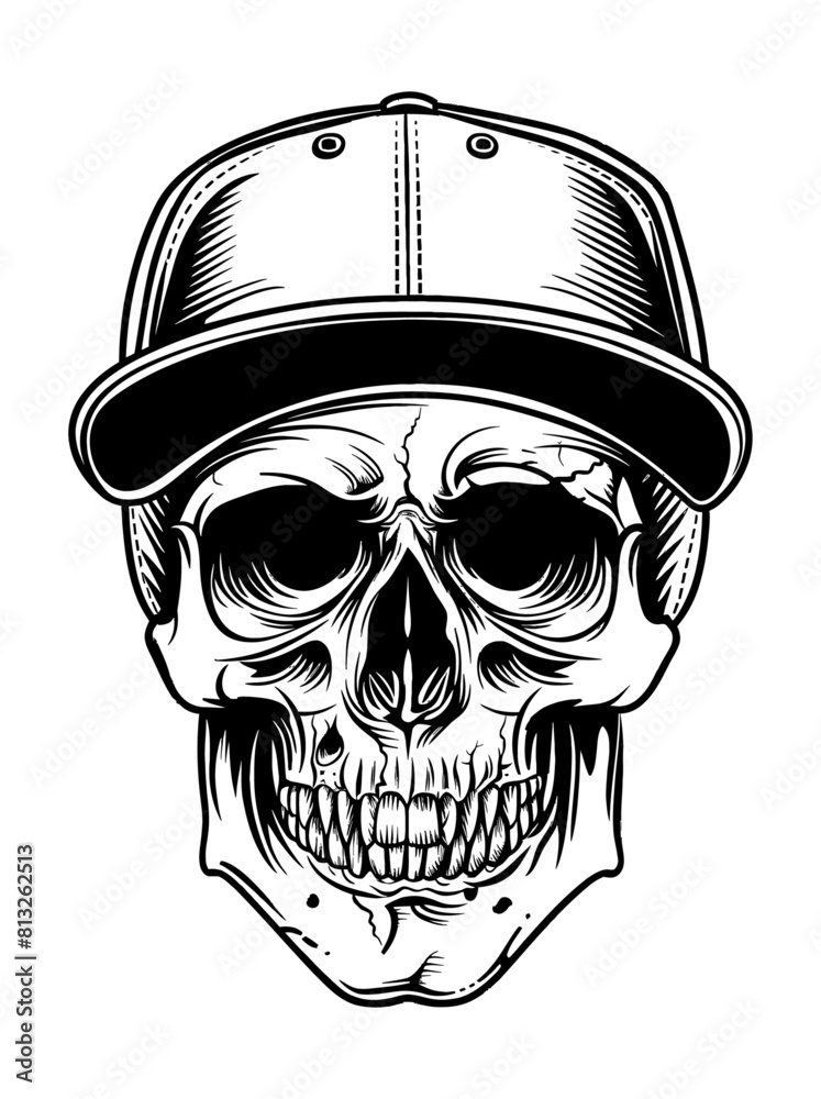 skull hat cap engraving black and white outline