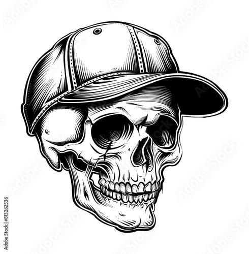 skull hat cap engraving black and white outline