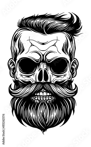 skull beard hipster engraving black and white outline