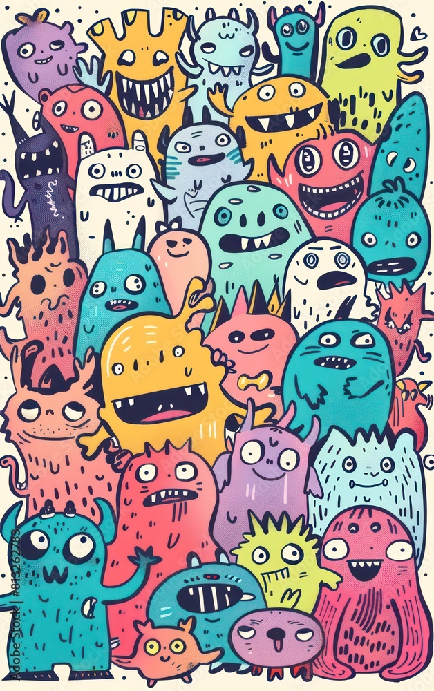 small cute monsters doodle art collection on plain color background