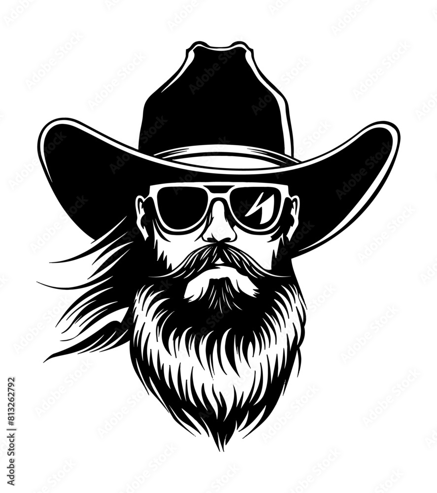 cowboy beard sunglasses engraving black and white outline cowboy beard sunglasses engraving black and white outline