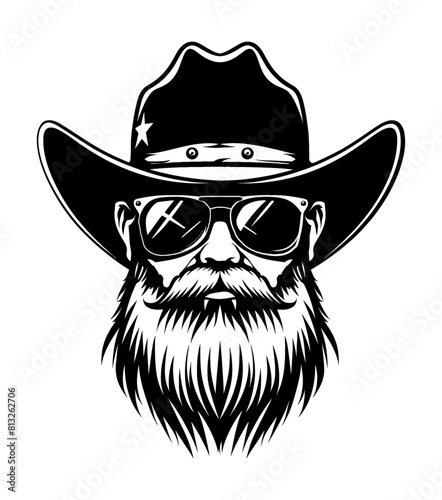 cowboy beard sunglasses engraving black and white outline