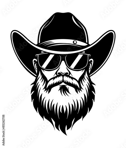 cowboy beard sunglasses engraving black and white outline