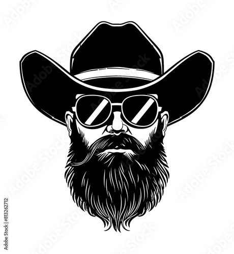 cowboy beard sunglasses engraving black and white outline