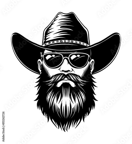 cowboy beard sunglasses engraving black and white outline