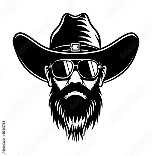 cowboy beard sunglasses engraving black and white outline