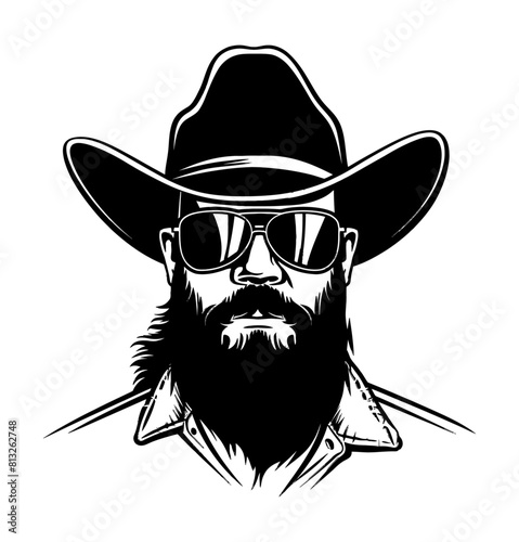 cowboy beard sunglasses engraving black and white outline