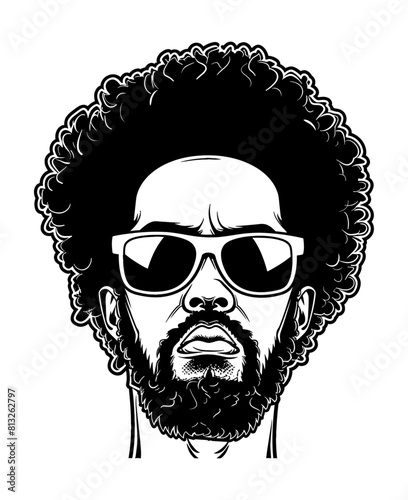 afro man sunglasses engraving black and white outline