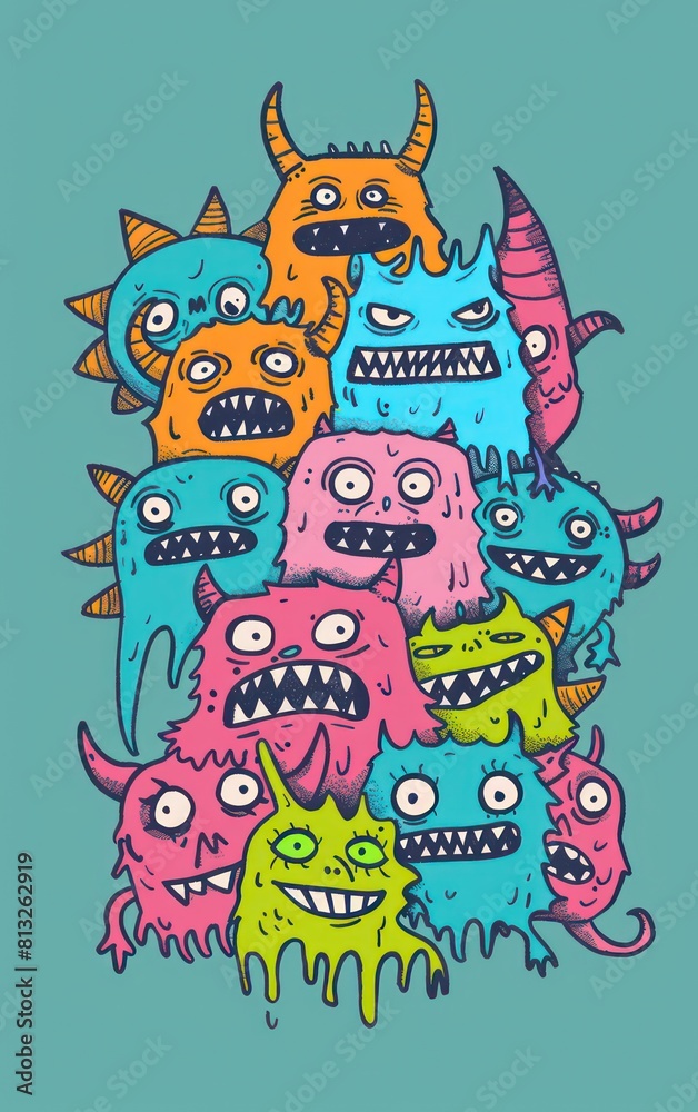 small cute monsters doodle art collection on plain color background