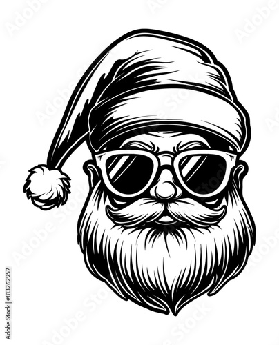santa sunglasses engraving black and white outline