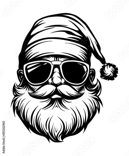 santa sunglasses engraving black and white outline