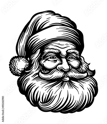 retro santa portrait engraving black and white outline