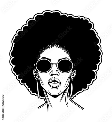 afro woman sunglasses engraving black and white outline