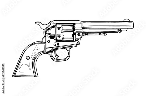 retro revolver gun engraving black and white outline