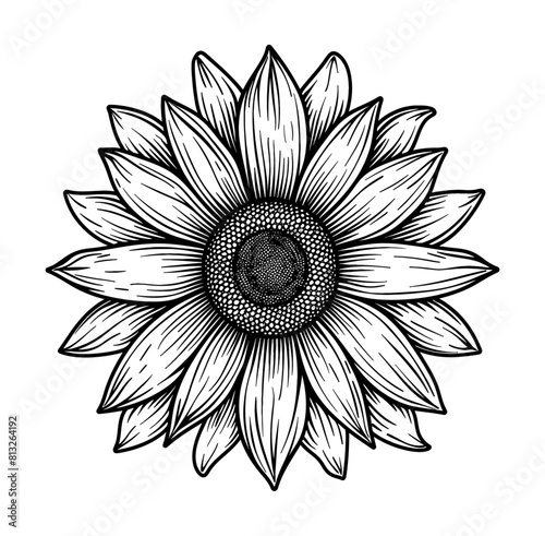 sunflower engraving black and white outline