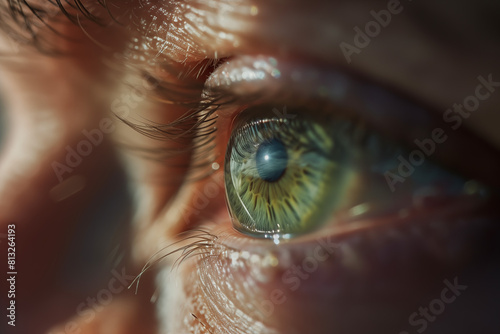 Horizontal macro shot of a green eye illuminated by the sunrise