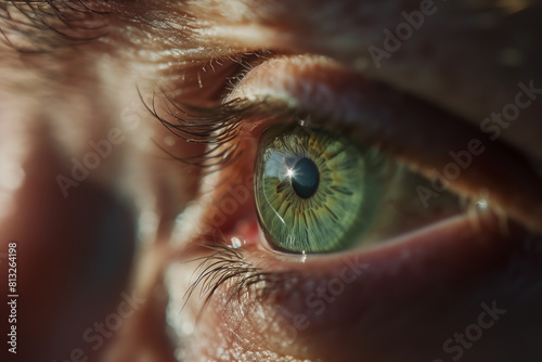 Horizontal macro shot of a green eye illuminated by the sunrise