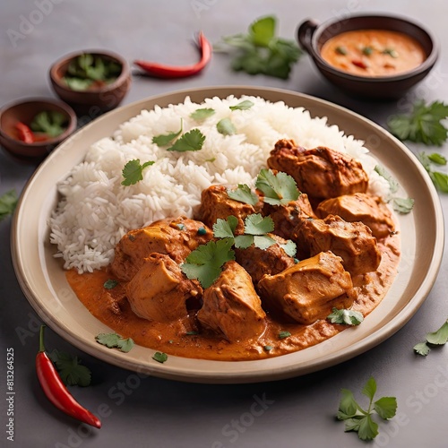 steaming plate of chicken tikka masala, a spicy and flavorful curry dish, served with aromatic rice. Ensure the dish is isolated on either a transparent or white background to emphasize its deliciousn photo