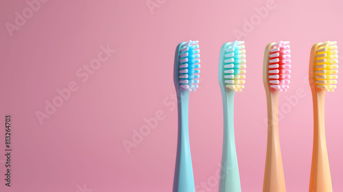 Four toothbrushes on pink pastel background