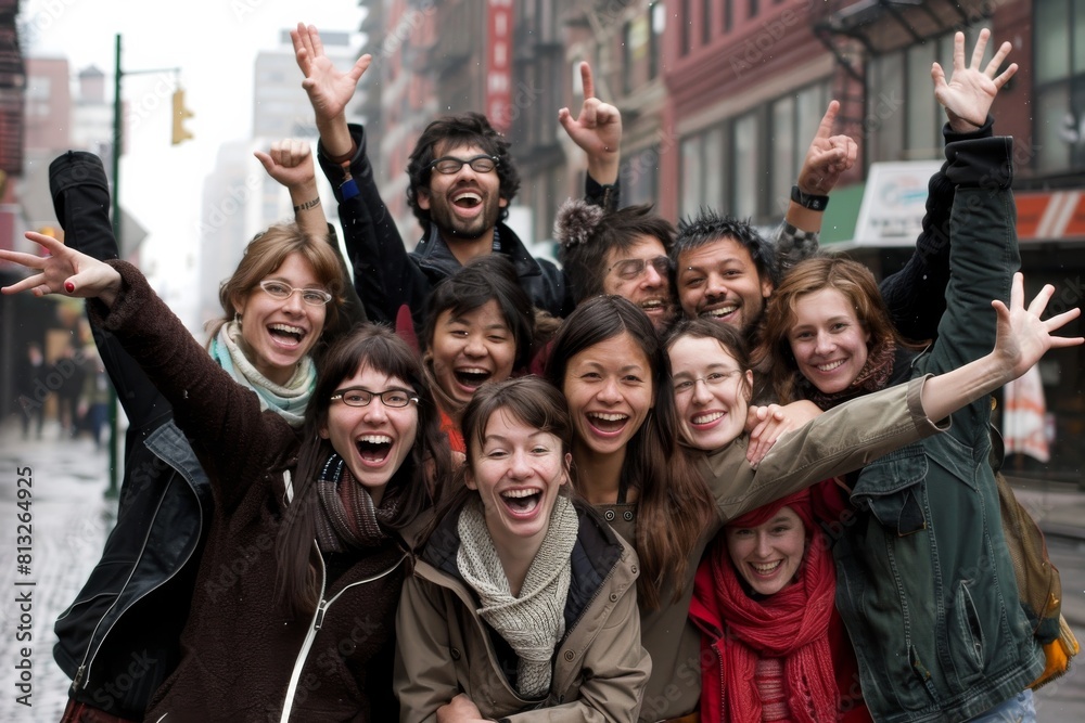 Group of friends having fun in the city. Group of cheerful young people with raised hands. Group of friends having fun in the city. Group of cheerful young people with raised hands.