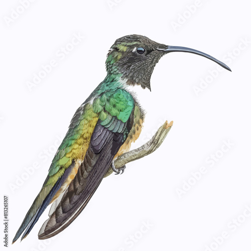 Drawing of a hummingbird with a long, curved beak perched on a thin branch