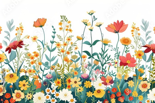 colorful wildflowers forming decorative floral border spring and summer garden blooms flat vector illustration © Lucija