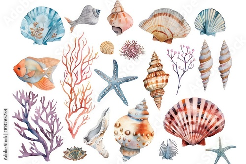 sea weed, stones, shells, corals, fish in watercolor on white background