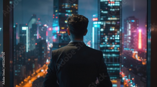 Successful Businessman Looking Out of the Window on Late Evening, Modern Hedge Fund Investor Enjoying Successful Life, Urban View with Down Town Street with Skyscrapers at Night with Neon Lights © Meesam