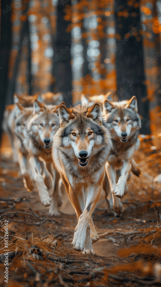 Obraz premium grayscale Wolf pack in motion, real photo, high resolution, sharp focus, soft light, bokeh background.