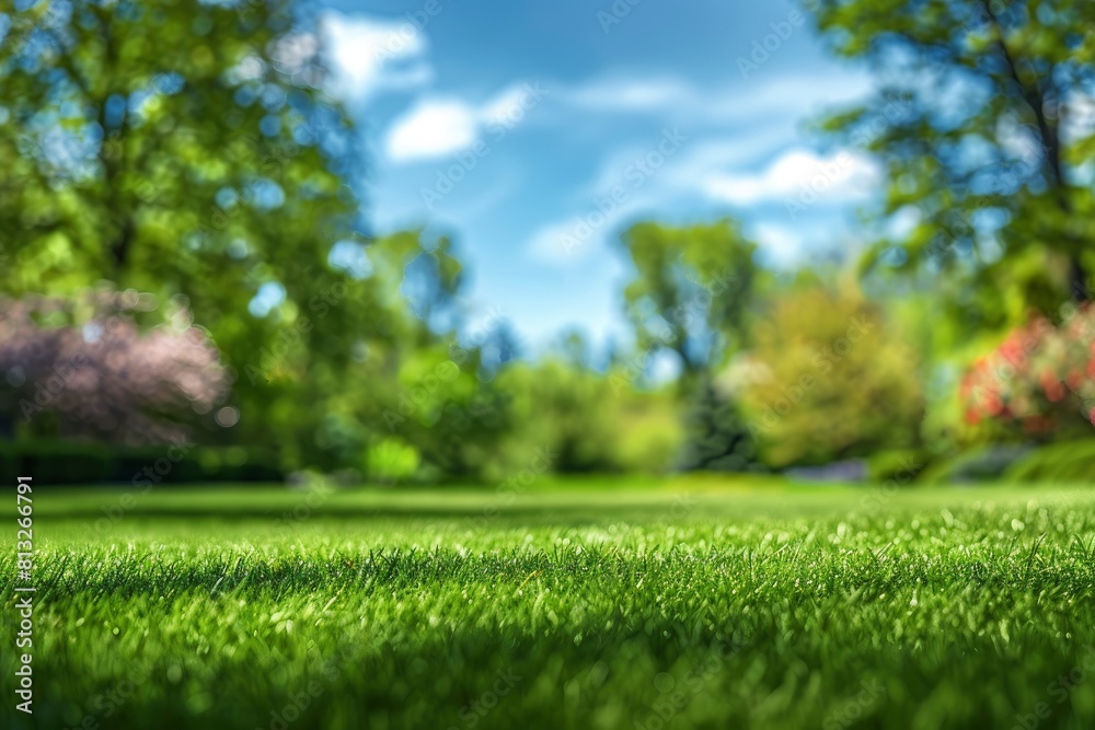 Beautiful blurred background image of spring nature with a neatly trimmed lawn surrounded by trees against a blue sky with clouds on a bright sunny day - generative ai Beautiful blurred background image of spring nature with a neatly trimmed lawn surrounded by trees against a blue sky with clouds on a bright sunny day - generative ai