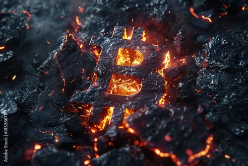 The bitcoin logo is burning in flames, with a background of black rock and dark stone texture in dark cinematic lighting, rendered in a hyper realistic style. --ar 125:83