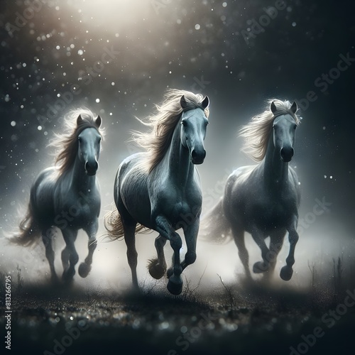 Majestic Wild Horses in Mist Enigmatic Dark Bokeh Wallpaper ai generated
