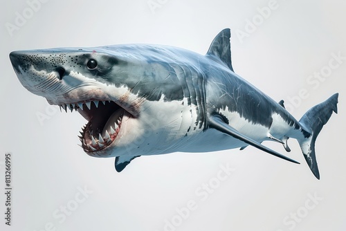 white shark open mouth showing teeth, white background